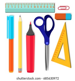 Back to school. Stationery set on the white background. Cartoon vector illustration.