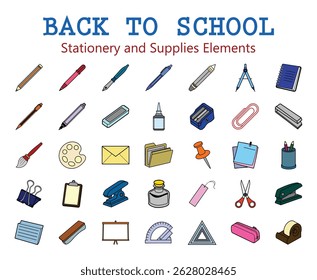 Voltar à escola Papelaria e suprimentos Clipart Set, lápis, bloco de notas, régua, borracha, apontador, lápis de cera, ferramentas, marcador, cola, tesoura e mais elementos vetoriais