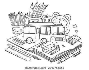 back to school, school stationery, toy bus,coloring page 