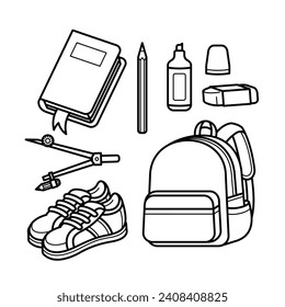 Volver al diseño de la línea de arte de la línea de diseño del icono del vector del diseño del diseño del diseño del material de la escuela. Escuela, educación, universidad, herramientas de oficina y equipo