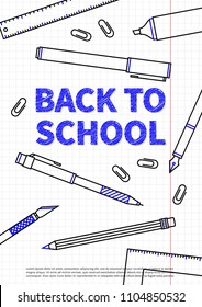 Back to school with stationery vector illustration. Line art vertical poster Back to school with different elements (pencil, pen, ruler, staple) and exercise book background. Graphic design template.