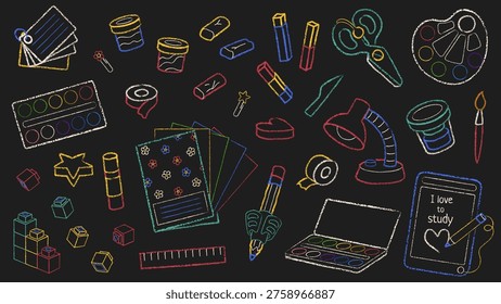 Back to school stationery vector set. Collection of chalk hand drawn school supplies, art tools, and gadgets for kids preschool education. Blackboard background.