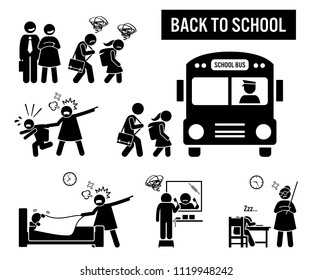 Back To School. Stick Figure Pictogram Depicts School Children Going Back To School. The Parent Are Happy, But The Kids Are Sad. Icon Set Also Show Student Or Pupil Going To School With A Bus.