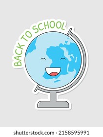 Back to school sticker. Badge with cute kawaii globe and inscription. Supplies for geography lesson. Gaining knowledge and education. Cartoon flat vector illustration isolated on beige background