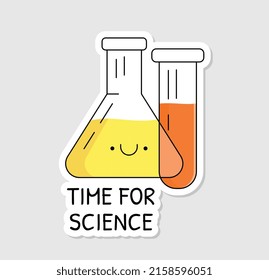 Back To School Sticker. Badge With Kawaii Flasks And Inscription Time For Science. Supplies For Chemistry Lesson. Gaining Knowledge. Cartoon Flat Vector Illustration Isolated On Beige Background