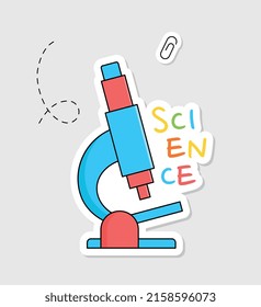 Back to school sticker. Badge with microscope and inscription science. Device for studying cell in biology lesson. Education and training. Cartoon flat vector illustration isolated on beige background
