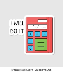 Back to school sticker. Badge with red calculator and motivating inscription. Device for computing in math lesson. Education and study. Cartoon flat vector illustration isolated on beige background