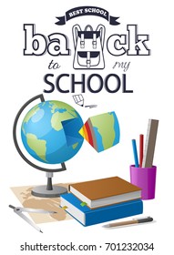 Back to school sticker with black-and-white text and miscellaneous educational supplies .Vector illustration isolated on white background