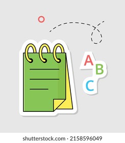 Back to school sticker. Bright badge with notebook for educational notes and letters of alphabet. Grammar lesson. Getting knowledge. Cartoon flat vector illustration isolated on beige background