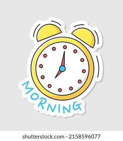 Back to school sticker. Bright badge with desk clock and inscription morning. Alarm clock to wake up student. Go to Education class. Cartoon flat vector illustration isolated on beige background