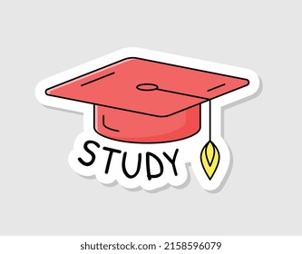 Zurück zum Schulaufkleber. Helles Abzeichen mit Graduierungskappe und Inschriftenstudie. Bildung in der Schule oder an der Universität. Wissen erlangen. Cartoon-FlachVektorgrafik einzeln auf beigem Hintergrund