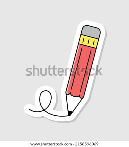 Back to school sticker. Bright badge with wooden graphite pencil with eraser drawing line. School supplies for education and study. Cartoon flat vector illustration isolated on beige background
