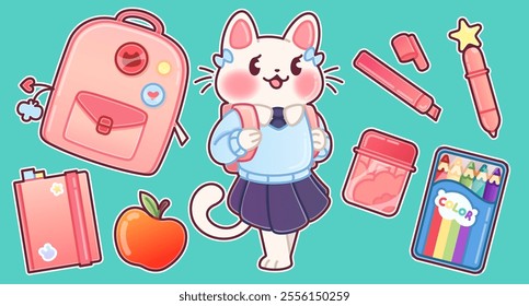 Back to school sticker with cute stationery vector element. Study book, note supply and kawaii cat kid with backpack. Elementary education graphic with creative childish character. Kitten and art tool