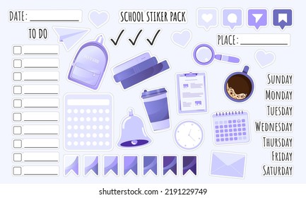 Back to school sticker pack. Set of school elements like a books, heart or coffee in flat style. Date, place, to do, days of the week and calendar stickers for notebook, diary, organizer or planner.
