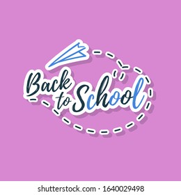 Back to school sticker with paper airplane on lilac background. Vector illustration