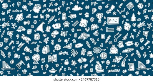 Back to school sticker pattern. Vector graphic with elements of school, stationery, notebooks, magnifying glass, backpack, pen and more. The concept of pattern education for textiles and paper.
