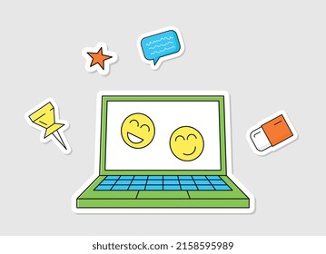 Back To School Sticker. Set Of Badges With Laptop, Eraser And Speech Bubble. School Supplies And Device For Remote Education And Study. Cartoon Flat Vector Illustration Isolated On Beige Background