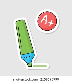 Back to school sticker. Set of badges with green kawaii marker and high assessment of knowledge. School supplies for education and study. Cartoon flat vector illustration isolated on beige background