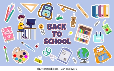 BACK TO SCHOOL sticker set with colorful cartoon style supplies and student using computer. Fun and educational design for kids, teachers and learning platforms.