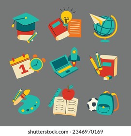 Back to school sticker set doodle style. Education hand drawn objects and symbols.