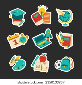 Back to school sticker set doodle style. Education hand drawn objects and symbols.