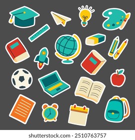 Back to school sticker set doodle style. Education hand drawn objects and symbols.
