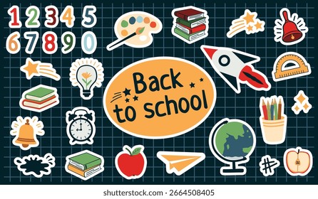 Voltar para escola adesivo conjunto com números, foguete, globo, maçã e livros sobre vetor de fundo de grade escura