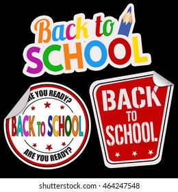 Back to school sticker set on black background, vector illustration