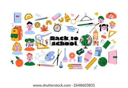 Back to School Sticker Set in Retro 90s Style.Funky student characters, school supplies, and classroom vibes.Bright, colorful vector illustrations for office, study, and learning themes. 