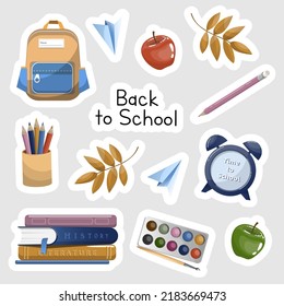 Back to School sticker set. School suplies.On white background.