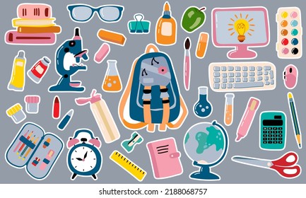 Back to school. School sticker set. Vector illustration.