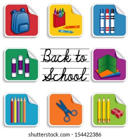 Back to School Stickers. Backpack, apple for the teacher, glue sticks, folders, colored pencils, sharpener; markers, crayons, scissors. For preschool, daycare, arts, crafts, literacy  projects. EPS8.