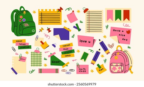 Back to school stickers. Backpacks, school items, stationery, notebooks in retro groovy cartoon style. Vector shapes for study, school, university