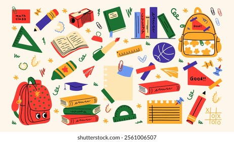 Back to school stickers. Backpacks, school items, stationery, notebooks in retro groovy cartoon style. Vector shapes for study, school, university