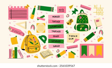 Back to school stickers. Backpacks, school items, stationery, notebooks in retro groovy cartoon style. Vector shapes for study, school, university 