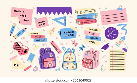 Back to school stickers. Backpacks, school items, stationery, notebooks in retro groovy cartoon style. Vector shapes for study, school, university