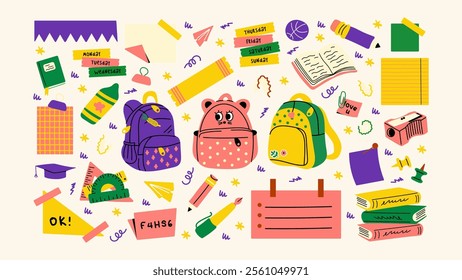 Back to school stickers. Backpacks, school items, stationery, notebooks in retro groovy cartoon style. Vector shapes for study, school, university