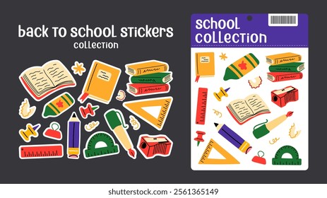 Back to school stickers. Backpacks, school items, stationery, notebooks in retro groovy cartoon style. Vector shapes for study, school, university stickerpack