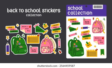 Back to school stickers. Backpacks, school items, stationery, notebooks in retro groovy cartoon style. Vector shapes for study, school, university stickerpack