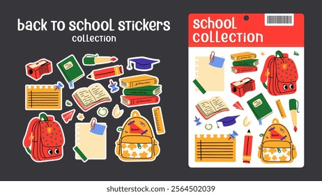 Back to school stickers. Backpacks, school items, stationery, notebooks in retro groovy cartoon style. Vector shapes for study, school, university stickerpack