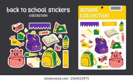 Back to school stickers. Backpacks, school items, stationery, notebooks in retro groovy cartoon style. Vector shapes for study, school, university stickerpack