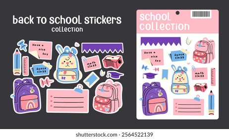 Back to school stickers. Backpacks, school items, stationery, notebooks in retro groovy cartoon style. Vector shapes for study, school, university stickerpack