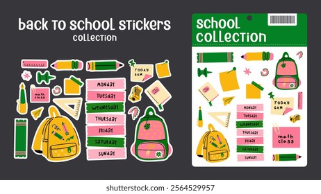 Back to school stickers. Backpacks, school items, stationery, notebooks in retro groovy cartoon style. Vector shapes for study, school, university stickerpack