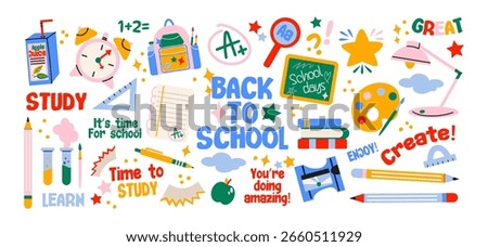 Back to school stickers. Backpacks, school items, stationery, notebooks in retro groovy cartoon style. Retro elements, vector shapes for study, school, university 