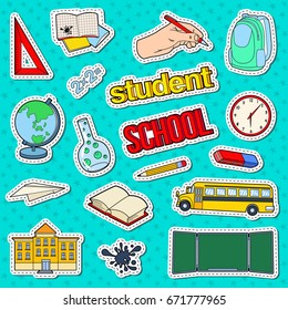 Regreso a la escuela Pegatinas, Badges y Parches con Bolígrafo, Libro y Mochila. Concepto de educación. Ilustración del vector