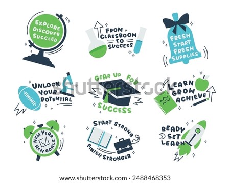 Back to school stickers childish educational motivation phrase emblem set isometric vector illustration. College class academic knowledge elementary lesson graduation cap globe book rocket alarm clock