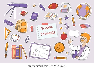 back to school stickers collection for prints, cards, planners, stationary, posters, copybooks, etc. School, education theme. EPS 10