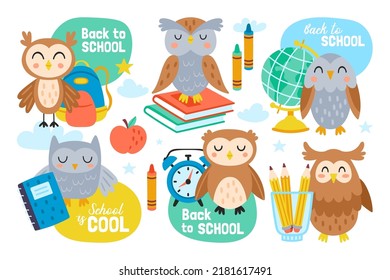 Zurück zu Schulaufklebern Design mit süßer Eule. Childischer Druck für Aufkleber, Karten und Dekoration. Vektorgrafik