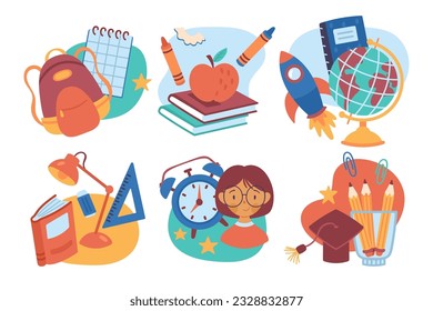 Back to school stickers design set. Childish print for badges, cards and decoration