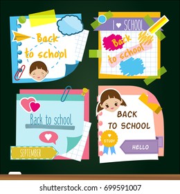 Back to school stickers. Design template of memory sticky notes, study symbols. For marketing advertisements and pupil announcement